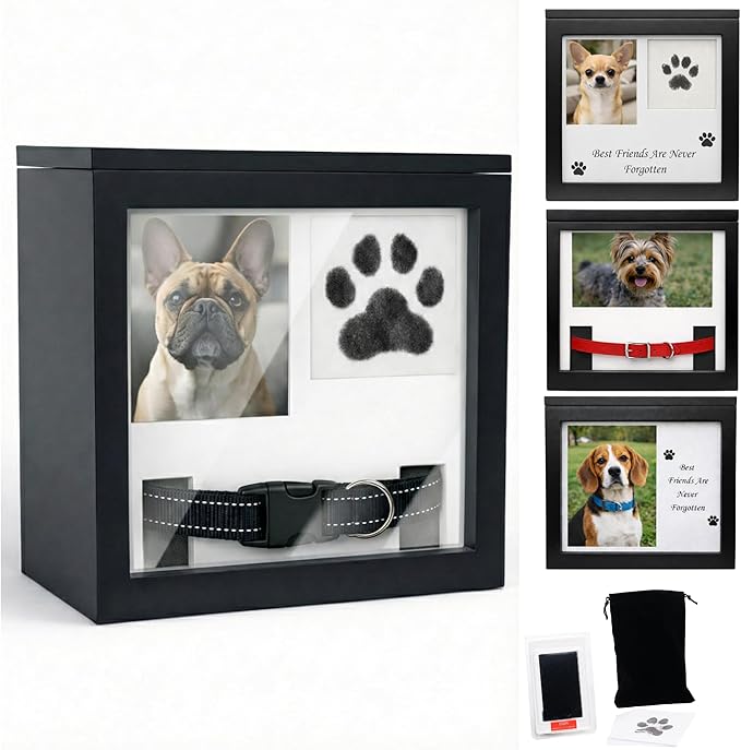 Dog Urn for Ashes, 4 Customizable Displays with Paw Print Ink Kit and Flannel Bag, Pet Urns for Dogs Ashes, Pet Cremation Box, Cat Urn for Ashes, Dog Ashes Keepsake (Black Small)