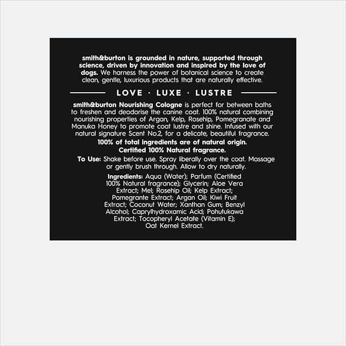 smith&burton Nourishing Dog Cologne, Calming Grooming Spray, Gentle Leave-In Coat Care, With Argan, Kelp, Rosehip, Manuka Honey & More, Plant-Based, Scent No. 2, 4.2 fl oz