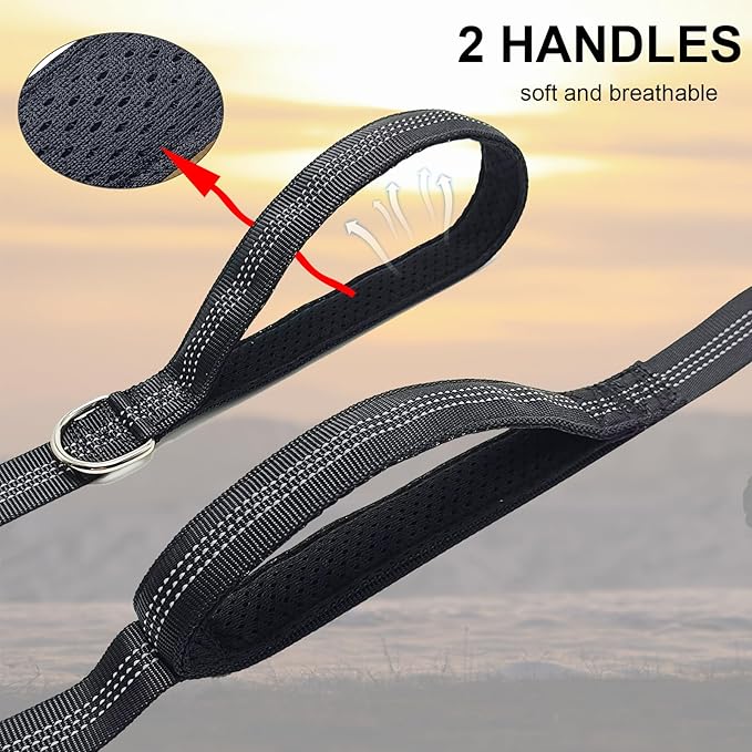 5FT Double Handle Tactical Dog Leash with Shock Absorption, Reflective Heavy Duty Bungee Dog Leash for Medium Large Dogs that Pull, Daily Walking Training, Black