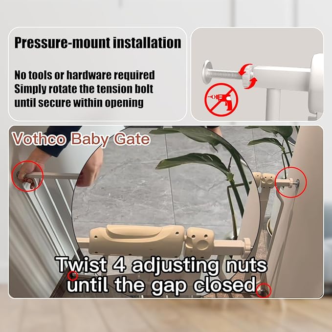Walk Through Baby & Dog Gate 29-34 Inch, Pressure Mounted No Drilling, Indoor Safety Gate for Stairs & Doorways, Metal Design for Kids and Pets, White