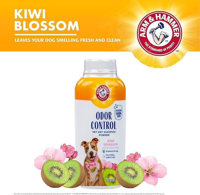 Arm & Hammer for Pets Odor Control Dry Shampoo Powder for Dogs & Puppies, Waterless Dog Deodorizer with Baking Soda, Paraben Sulfate and Dye Free Formula, Kiwi Blossom Scent, 4.2 Oz