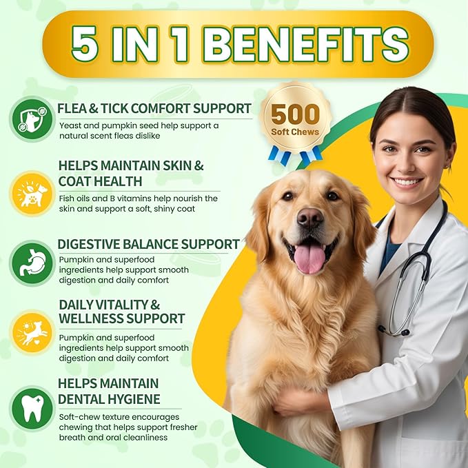Flea and Tick Prevention for Dogs Chews – 500 Tasty Chicken Flavor Soft Chews, with Pumpkin Seed Extract, Fish Oil, and Vitamins for Dogs, Puppies, All Breeds & Ages.