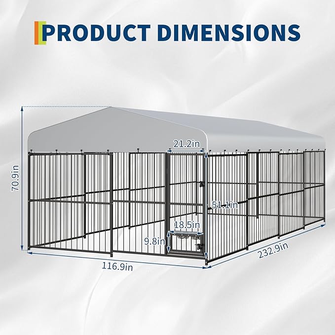 Garvee Dog Kennel Outdoor with Waterproof Canopy, Large Dog House with Feeding Doors, Large Dog Kennel Outdoor for Garden Backyard Courtyard（10×20×7FT）