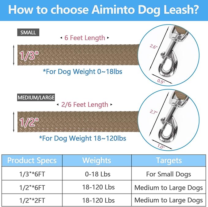 Dog Leash, Braided Rope Traction – Walking Training Lead for Medium/Large Dogs ((1/2") x 2FT, Khaki)