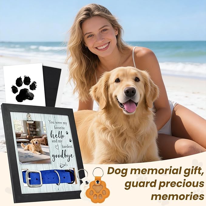 Dog Memorial Gifts for Loss of Dog,Pet Memorial Frame with Collar Holder,with 2 Pcs Paw Keys and Paw Print,Condolence Gift for Pet Lovers