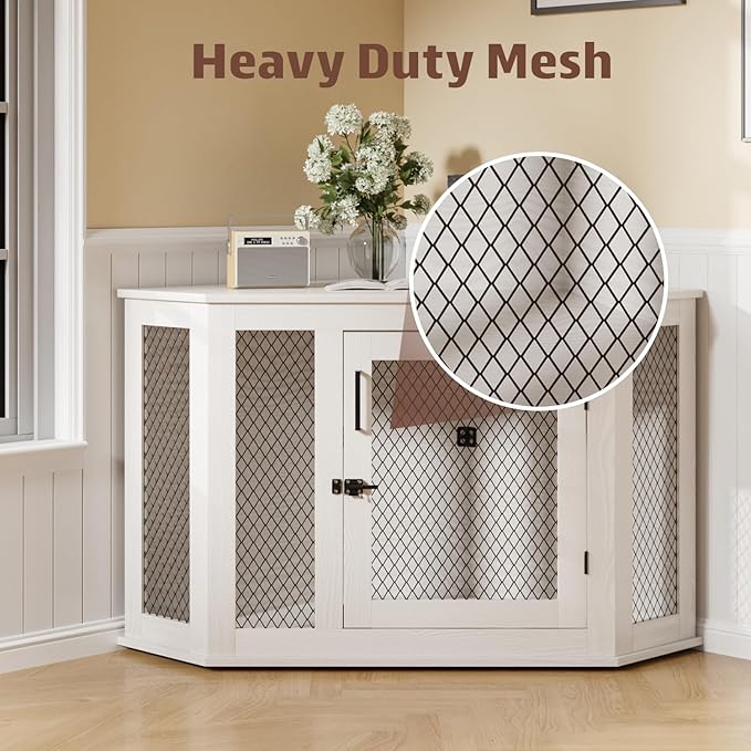 PUKAMI 52 inch Corner Dog Crate Furniture,Wooden Dog Kennel Furniture with Mesh,Decorative Wood Dog House for Small/Medium/Large Dog,Perfect for Indoor Limited Room