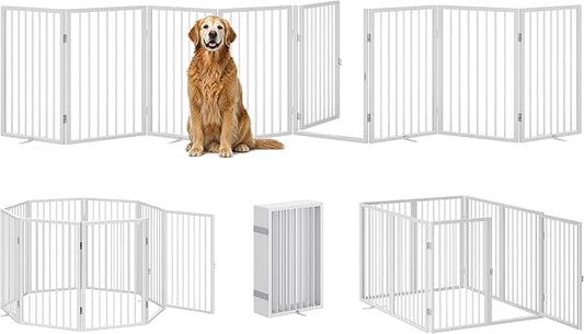 Vantas Folding No-Assembly Metal Pet Gate 160" Wide, 32" Extra Tall Dog Gate with Door Walk Through, Freestanding Accordion Puppy Gate Dog Door for Indoor & Outdoor, with 4PCS Support - White