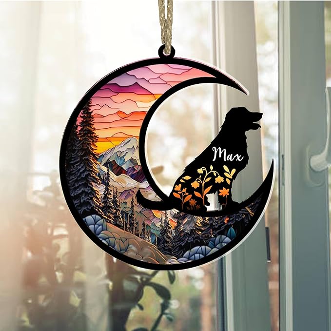 Nazenti Dog Memorial Suncatcher, Personalized Name Dog Breeds Suncatcher, Loss of Pet Sympathy Gift, Stained Glass Light Catcher, Ornament Hang for Pet Christmas Tree, Xmas Gifts