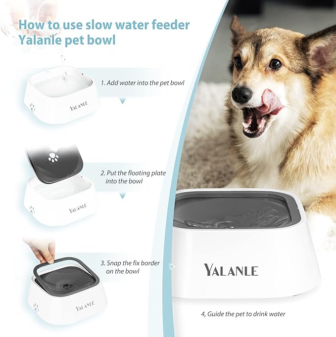 1L Dog Water Bowl No Spill, 35oz Spill Proof Dog Water Bowl Reduce Refill, Slow Drinking Pet Bowl Anti Splash No Mess for Vehicle/Outdoor/Indoor, White