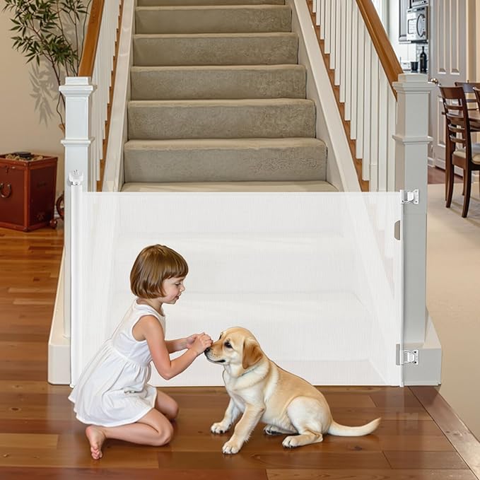 VEVOR Retractable Baby Gate, Extends to 57 inch Wide, 38.5 inch Tall, with Security Lock, Easy to Use, Walk Through Without Tripping, Mesh Dog Gate for Stairs, Hallways, Indoor/Outdoor, White