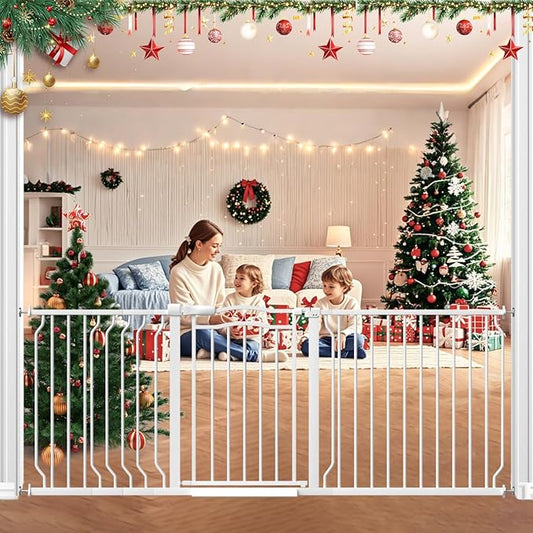 67.3-81.1" Extra Wide Baby Gate for Stairs No Drilling, 30" Tall Auto Close Press Mounted Dog Gates for Doorways, Adjustable Width Walk Through Long Gates for Kids or Pets, White