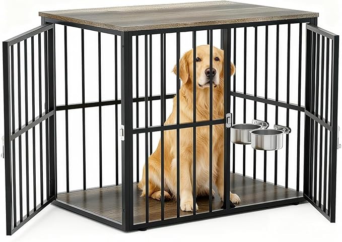 Dog Crate Furniture with Double Doors, 43 Inch Heavy Duty Indoor Dog Kennel, Wooden Pet Crate End Table with Removable Tray and Adjustable Food Bowl for Medium Large Dogs