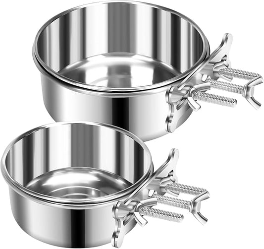 2 Pcs Small Dog Food Water Bowl for Cage with Upgraded Clamp Holder, Pet Kennel Hanging Bowls Stainless Steel Non-Spill Detectable Bowls Crate Feeder for Small Dogs (4.7x2'' & 4x1.8'')