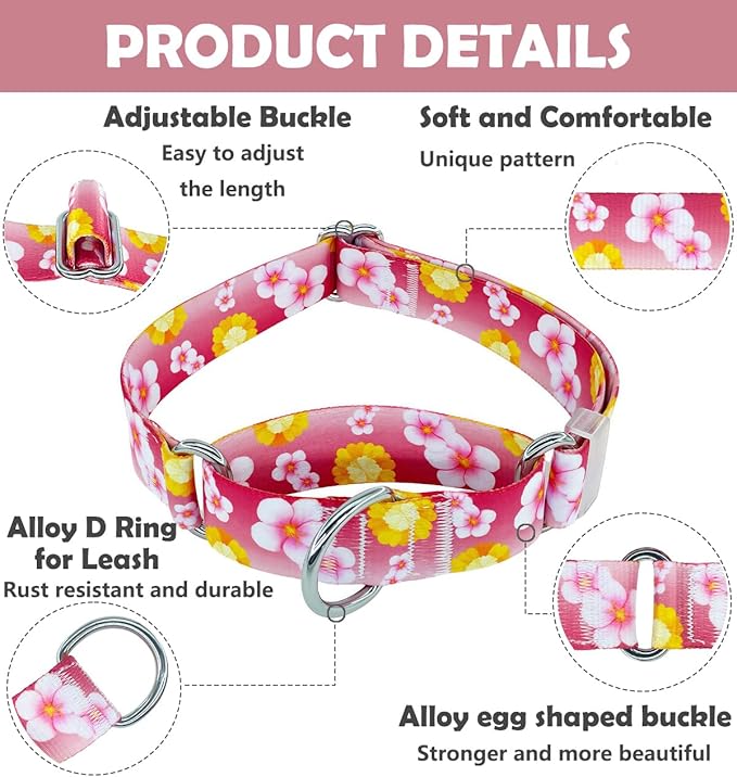 Martingale Dog Collar, Adjustable Soft No Pull Training Collar with No Buckle, Floral Pattern No Slip Martingale Collars for Medium Dogs (1" Width M)