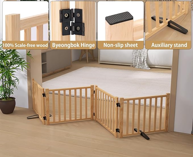 Solid Wood Freestanding Pet Gate,Nature Wood Dog Gates for Doorways The House,Pet Gate for Stairs,Freestanding Indoor Gate Safety Fence,16.9" Height-4 Panels