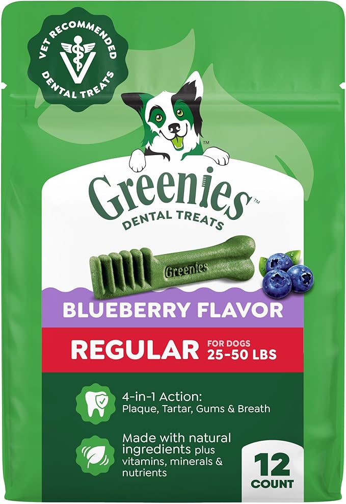 Greenies Veterinarian-Recommended Natural Dental Dog Treats, Dental Chews for Dogs, Regular Size, Blueberry Flavor, 12 oz. Pack, 12 Count