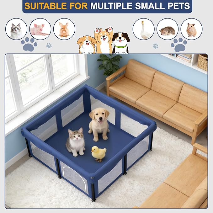 50x50x25.6 Inches Puppy Playpen with Gate, Foldable Dog Playpen for Puppies or Small Dogs, Pet Fence with Thickened Fabric, for Indoor Outdoor (Blue)
