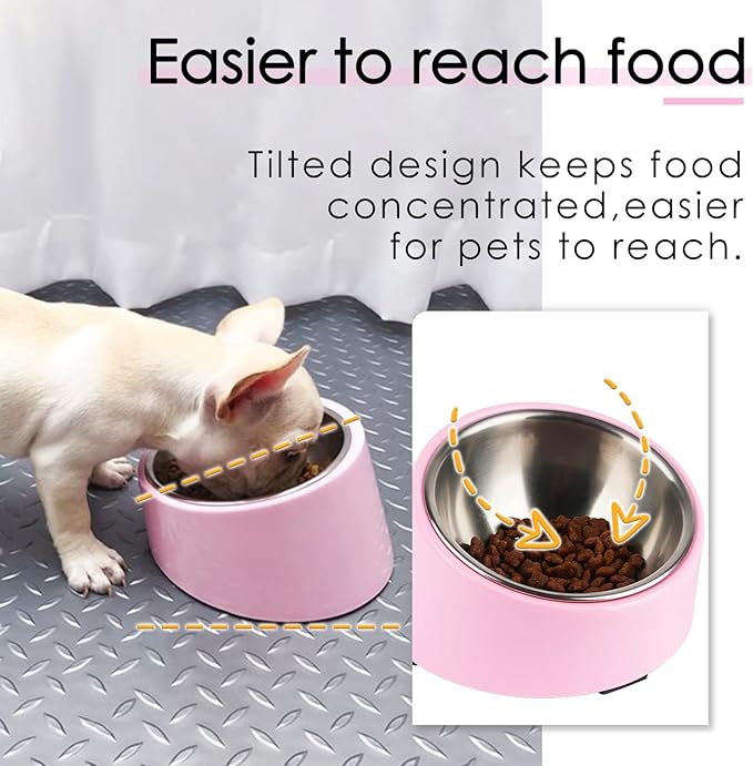 SuperDesign Mess Free 15° Slanted Bowl for Dogs and Cats, Tilted Angle Bulldog Bowl Dog Feeder, Non-Skid & Non-Spill, Easier to Reach Food L/2 Cup Pink