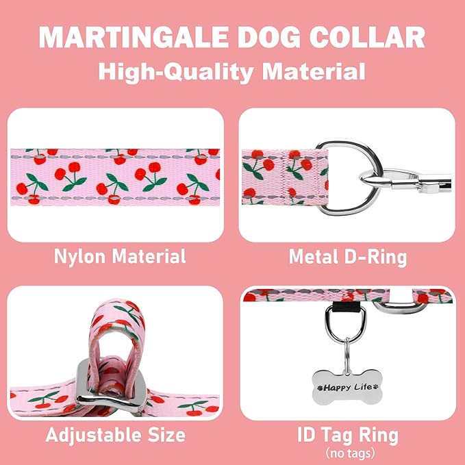Reflective Martingale Collar for Dogs Nylon Training Collar with No Buckle No Pull Cute Dog Collar for Small Dogs（Pink Cherry，S）