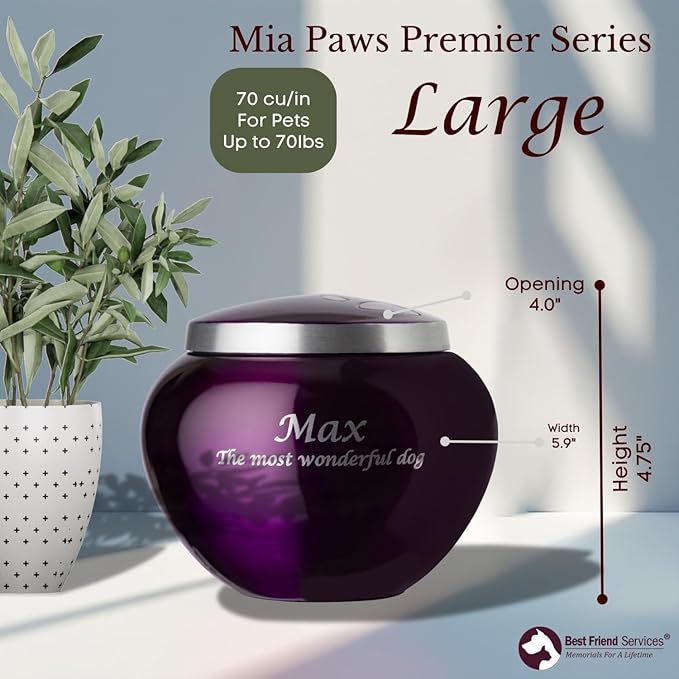 Mia Paws Premier Series Pet Urn for Dogs with Personalized Laser Engraving (Large - Pets up to 65 lbs, Deep Purple, Double Pewter Paws)