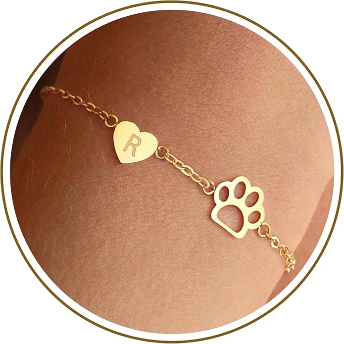 Dog Easter Mom Gifts for Dog Lover Initial Bracelet for Women with Heart Adjustable Pet Paw Gold Bracelets for Women Non Tarnish Memorial Gift for Pet Lover Birthday Jewelry