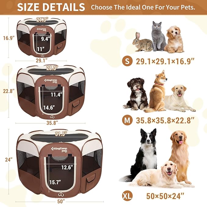 KingCamp Dog Playpen, Portable Foldable Cat Kitten Puppy Tent Crates 29"/36"/50" Pop Up Pet Playpen with Zippered Bottom & Cover for Indoor Outdoor Use (Small, Khaki)