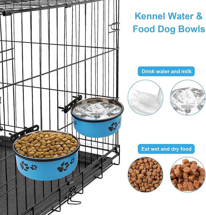 Stainless Steel Dog Crate Bowls Hanging No Spill 2 PCS - Adjustable Mountable Kennel Bowls for Medium/Large Dogs, Anti Spill Water & Food Bowl Set (Blue, L(6.3"+7.1"))