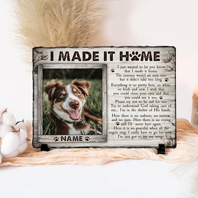 Personalized Rock Plaque: 'I Made It Home' - White Memorial Stone Gifts for Loss of Your Beloved Pet, Sentimental Dog and Cat Grave Markers in Our Hearts, House Decoration