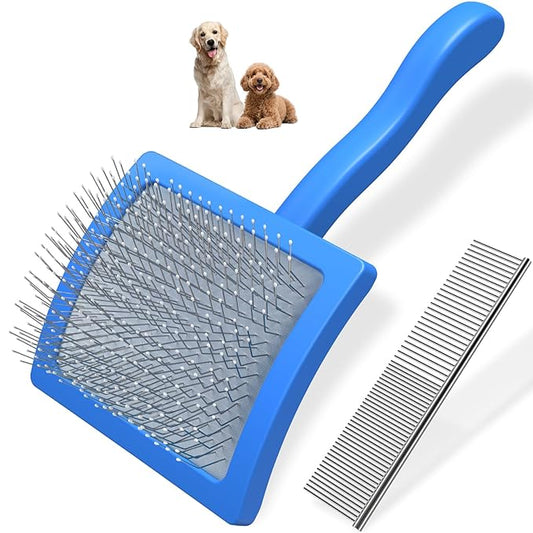 2PCS Slicker Brush for Dogs & Pet Comb,Professional Dog Grooming Brush (Goldendoodles,Poodles,Labradoodles) with Extra Long Pins to Effectively Remove Tangles, Knots and Mats (Blue, Gentle Large)