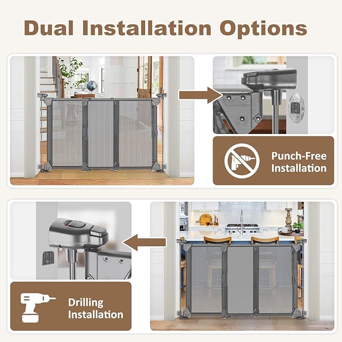 GRENFU 28" Tall No Drill Dog Gate for Stairs, Dual-Opening Sliding Pet Gate, Fits 32-55" Wide Expandable Dog Gates Indoor No Bottom Bar Baby Gate No Drill & Adjustable Width & Angle Mesh Gate, Gray