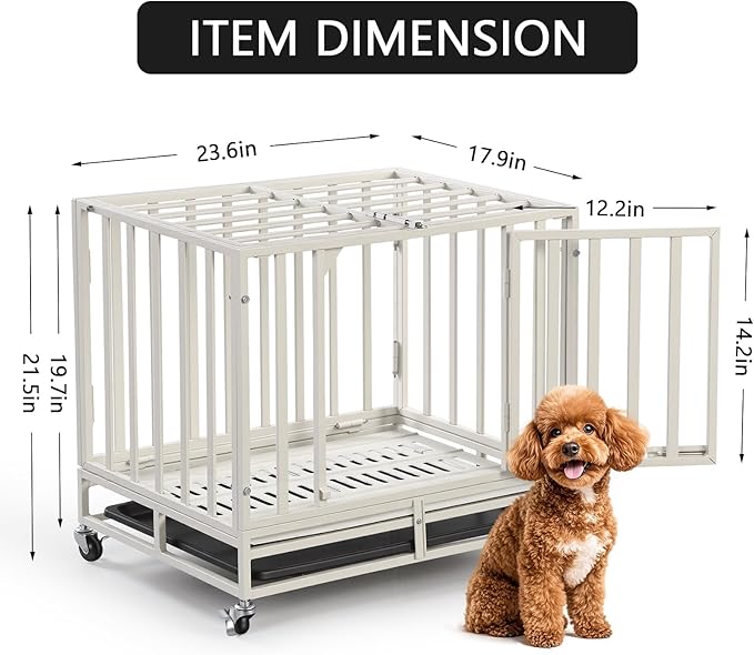 24 Inch Heavy Duty Dog Crate Cage Escape Proof Steel Kennel for High Anxiety Dogs with Sturdy Locks and Removable Tray, Small Dog Crate, White