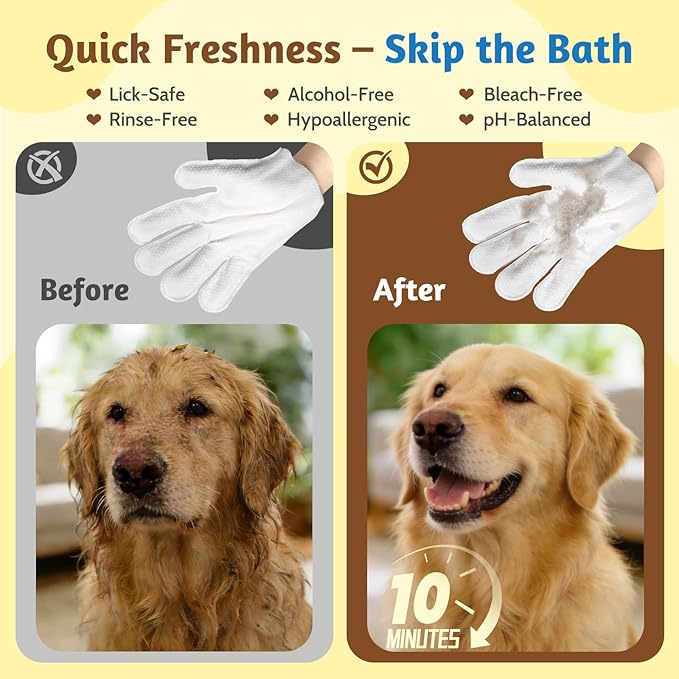 Cleansing & Deodorizing Pet Glove Wipes for Dogs & Cats with Pet Deodorizing Spray, Hypoallergenic & Nourishing Rinse-Free Mitts, Thick Design for Home Spa Care, 20pcs