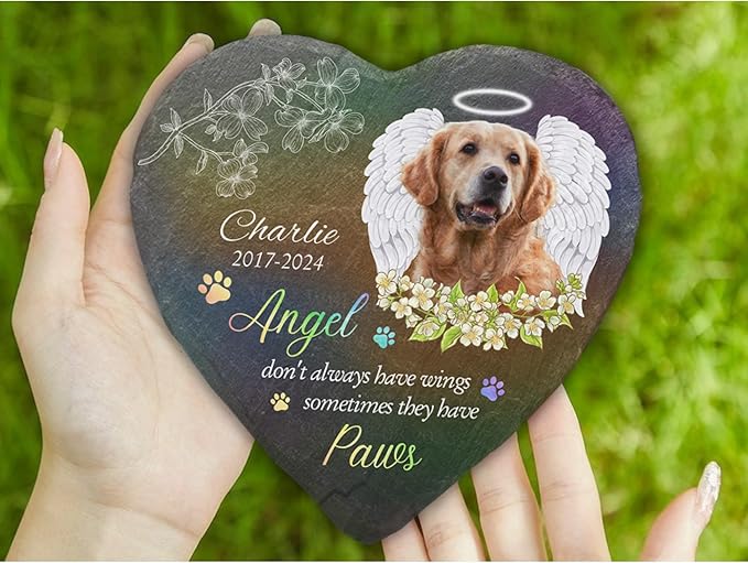 Wrappiness Pet Memorial Stone - Angels Sometimes Have Paws, Personalized Dog Memorial Gifts, Remembrance Condolences Bereavement Gifts for Loss of Pet Custom Photo (Heart 07, Stone)