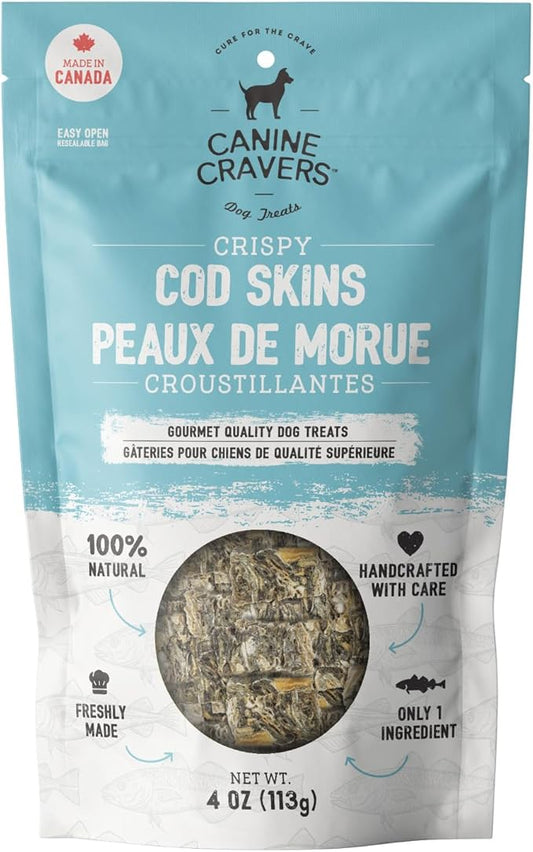 Canine Cravers Single Ingredient Dog Treats – Wild Caught Crispy Cod Skins - Human Grade Air Dried Hypoallergenic Pet Food – Grain, Gluten, and Soy Free – 100% All Natural – 4 oz