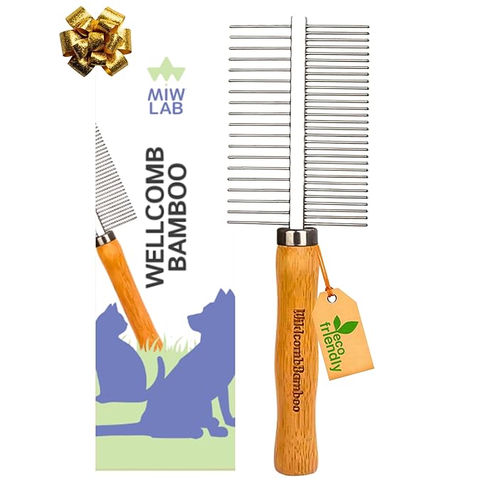 Bamboo Dog & Cat Grooming Comb Dual-Sided Stainless Steel Teeth Wide & Fine Detangling & Deshedding Comb for Undercoat Removal Eco-Friendly Handle Reduces Shedding For Long Medium & Short Hair