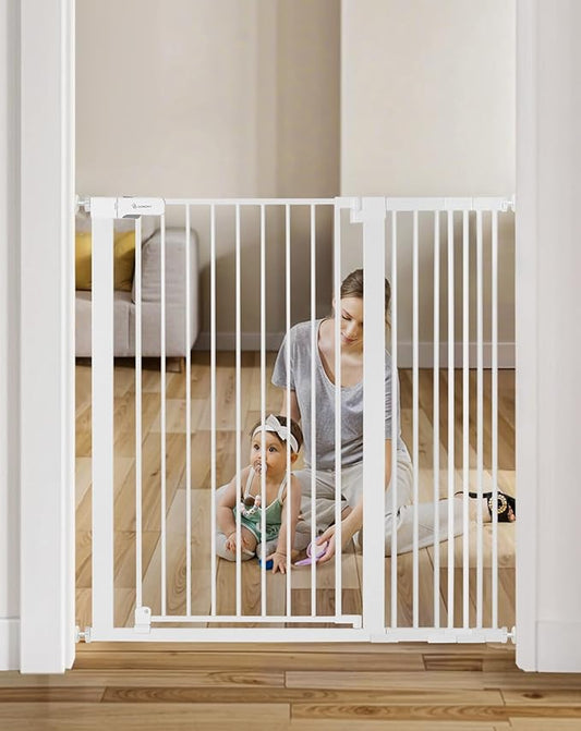 COMOMY 42" Extra Tall Baby Gate for Stairs Doorways, Fits Openings 29.5" to 43.3" Wide, Auto Close Sturdy Safety Dog Gate for House, Pressure Mounted Easy Walk Through Pet Gate with Door, White