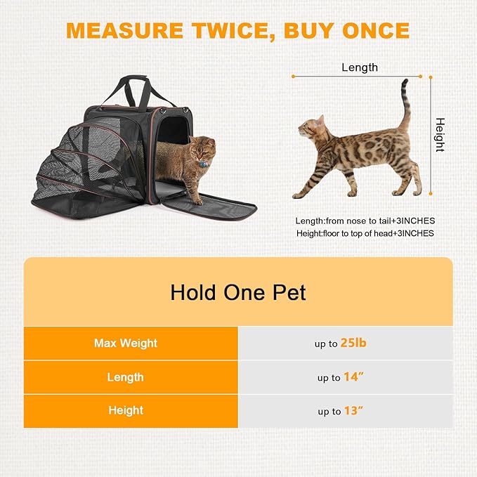 Cat Carrier with Litter Box, Expandable Cat Carrier with Litter Box for Car Travel, up to 20 lb to Road Trip, Camping, or Hotel, Black