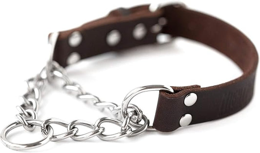 Mighty Paw Martingale Dog Collar - No Pull Design - Stainless Steel Chain - Limited Chain Cinch Training - Brown Leather Martingale Training Collar - Small Size