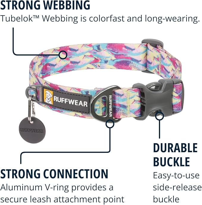Ruffwear, Front Range Dog Collar, Adjustable Tubelok Webbing, Lightweight, Side Release Buckle, Aluminum V-Ring, Durable for Everyday Use, Spring Fade, 14"-20"