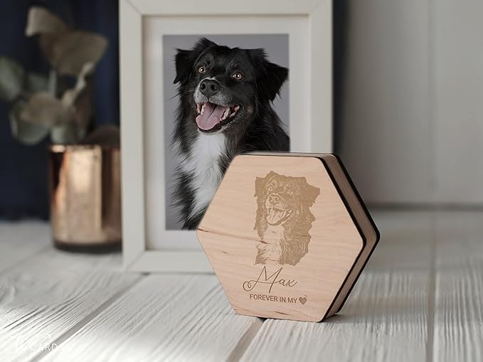 Personalized Pet Hair Keepsake Box for Dog and Cat Fur - Engraved Wood Memorial Box - Unique Customized Gift for Loss of Furry Friend Wooden (Light Diamand Wood Lid, With Photo)