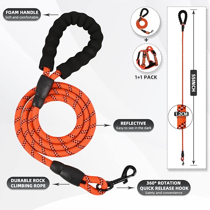 No Pull Dog Harness with Free Heavy Duty 5ft Leash, Adjustable Soft Padded Vest, Reflective No-Choke Oxford Vest with Control Handle for Small and Large Dogs (Orange, Large)