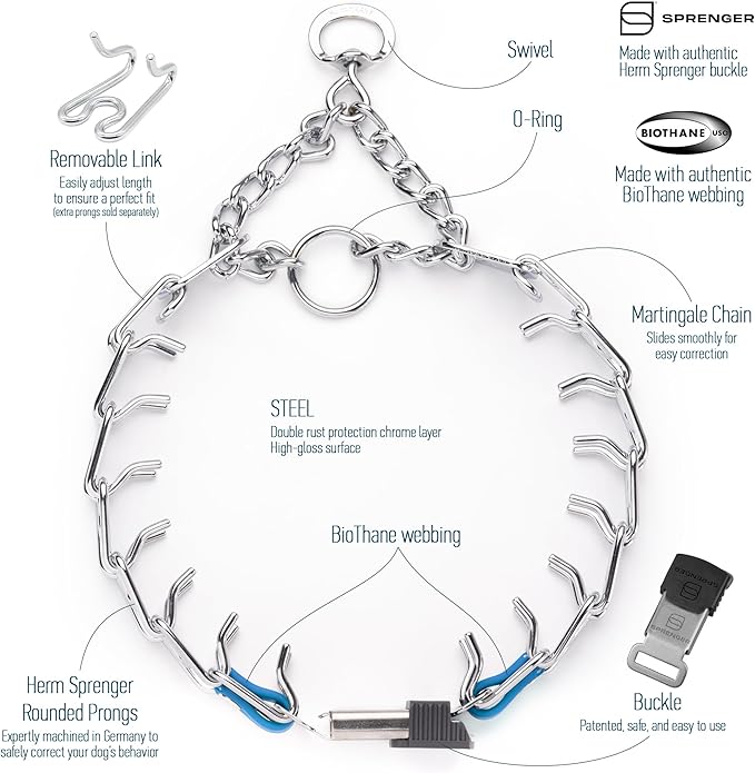 Herm Sprenger 3mm Prong Collar with Short Links & Quick Release Buckle & Biothane Insert & Swivel | Chrome Plated Steel Dog Training Collar for Medium Dogs, 20in (Necks up to 16-17in) (Cerulean Blue)