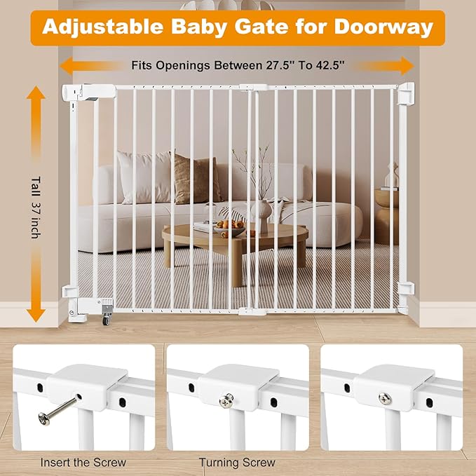 No Bottom Bar Baby Gate, 37 inch Tall Cat Pet Gate for Doorway, Adjustable 27.5in- 43 in Dog Gate with Large Walk Thru Door (White, 37inch)