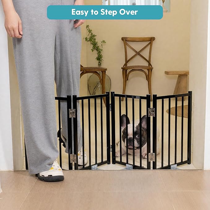 No Pawblems Free Standing Short Dog Gate, 16.5'' Tall Foldable Dog Fence for Indoor & Outdoor, Up to 72 Inch Extra Wide Puppy Gate for Stairs, Hallways, Doorways, Deck, Yard (Black, 6 Panels)