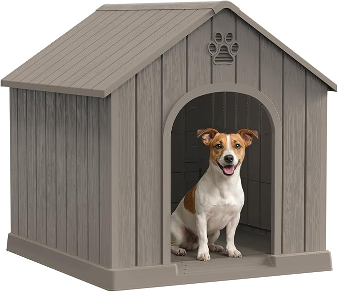 DRATO Indoor & Outdoor Dog Houses, Resin Material Pet Shelter with Waterproof Feature and Ventilated Design,Gray