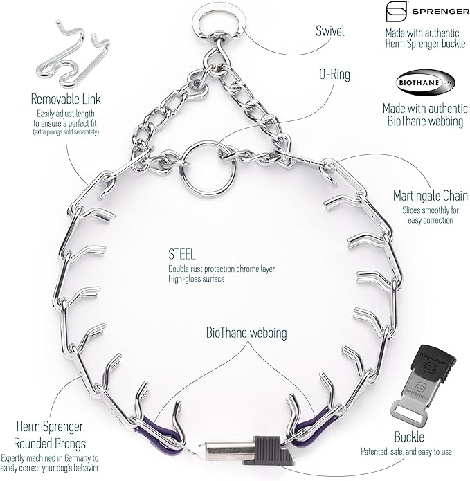 Herm Sprenger Chrome Plated Steel Dog Collar with Short Links and Quick Release ClicLock Buckle and Biothane Insert Made in Germany 20in x 3.0mm (Neck Size up to 16-17in) (Violet Purple)