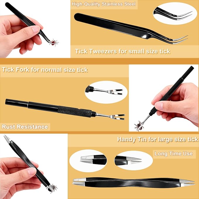 Tick Removal Tool,Tick Remover for Dogs,Premium Tick Twister Stainless Steel 3 PCS -Tick Tweezers/Tick Fork/Handy Tin with Case -Safe for Human & Pets (Black)