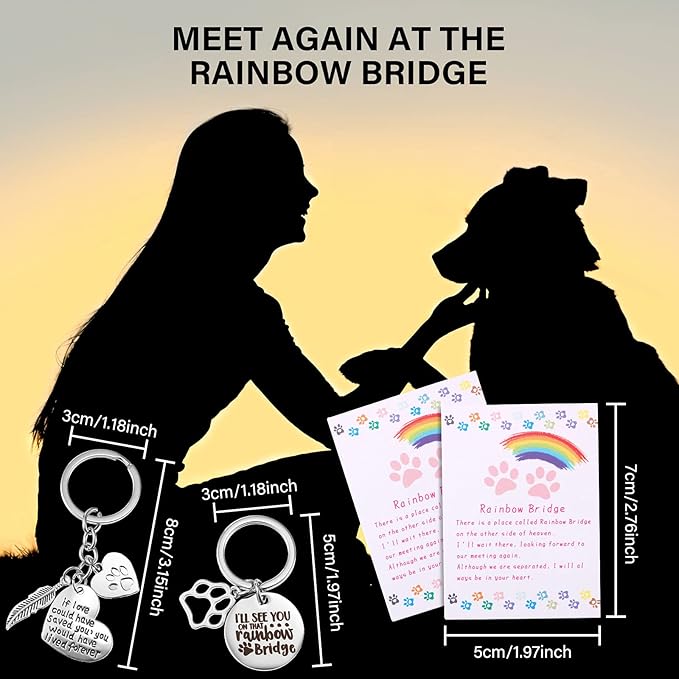Jadive 9 Pcs Pet Memorial Gifts Sympathy Rainbow Memorial Bracelet Keychain with Poem Cat Card Dog Loss Remembrance Gifts for Men Women Who Loss of Beloved(Classic Style)