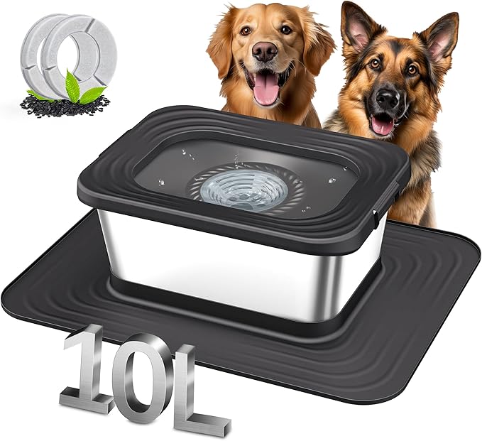 Decflow 10L Stainless Steel Dog Water Bowl, No Spill Anti-Splash Dog Bowls with XXL Silicone Mat, Spill-Proof Slow Feeder for Messy Drinkers, Heavy Duty Pet Bowls for Indoor/Outdoor Use Black