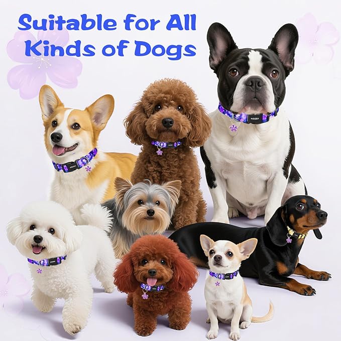 Kazazoo Dog Collar Cute and Soft Nylon Puppy Collar Girl, Adjustable Dog Collars for Small Medium Dogs, Purple Flowers-XS